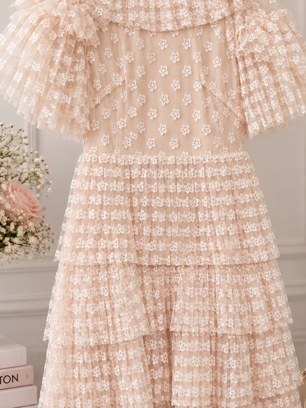 Sandro Blush Cream Floral Lace Tiered Ruffle Dress